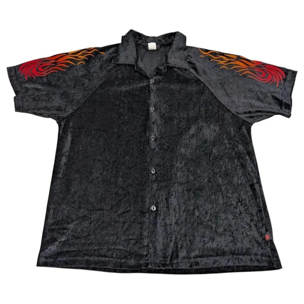 Vintage Y2K Crushed Velvet Button‎ Down Flame Shirt Size Medium